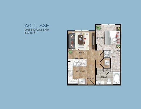 Floor plan for 1 bed, 1 bath, 649 sqft